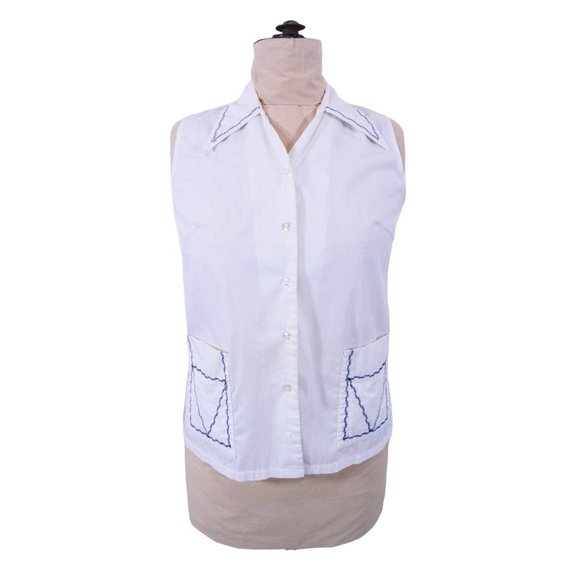Vintage 1960s Nautical Blouse White Sleeveless Ship N Shore Top | W 40" - Picture 1 of 5
